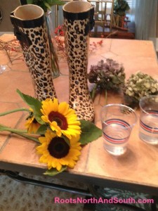 Making a sunflower arrangement with rubber boots
